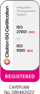 Citation ISO Certification — Integrated Management System: ISO 27001:2013 and ISO 9001:2015 Registered. Certificate No: 396482022